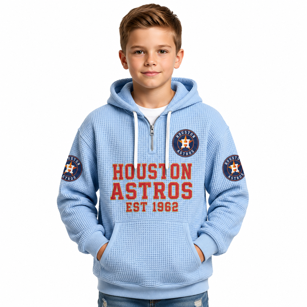 Houston Astros EST 1962 Kids Baseball Fan Printed Waffle Quarter Zip Hoodie