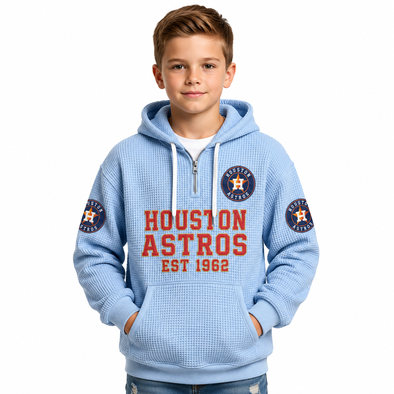Houston Astros EST 1962 Kids Baseball Fan Printed Waffle Quarter Zip Hoodie