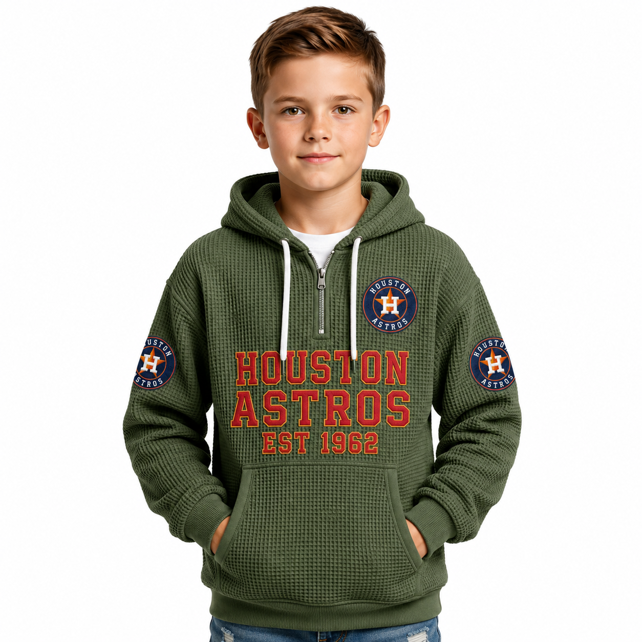 Houston Astros EST 1962 Kids Baseball Fan Printed Waffle Quarter Zip Hoodie
