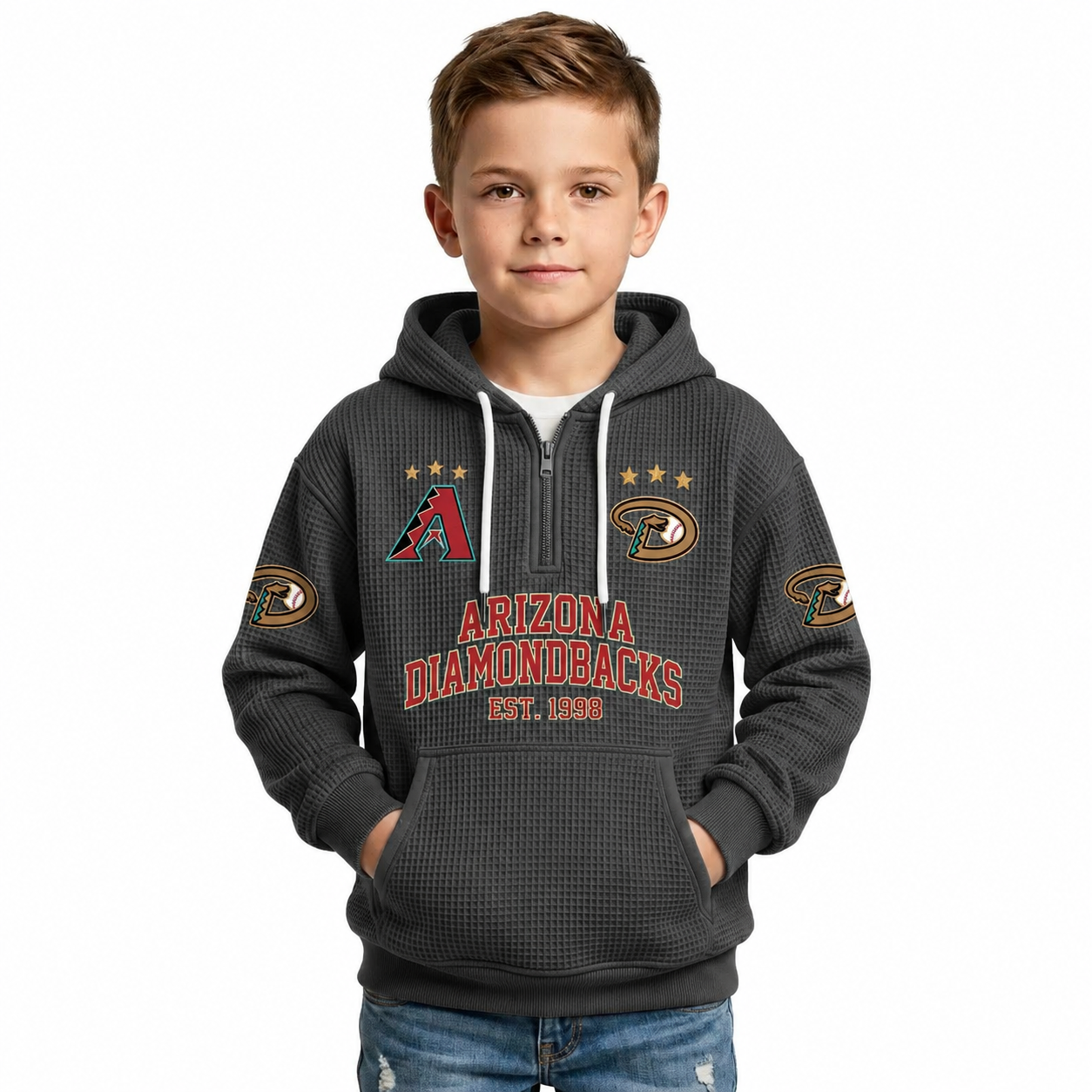 Arizona Diamondbacks EST 1998 Kids Baseball Fan Printed Waffle Quarter Zip Hoodie