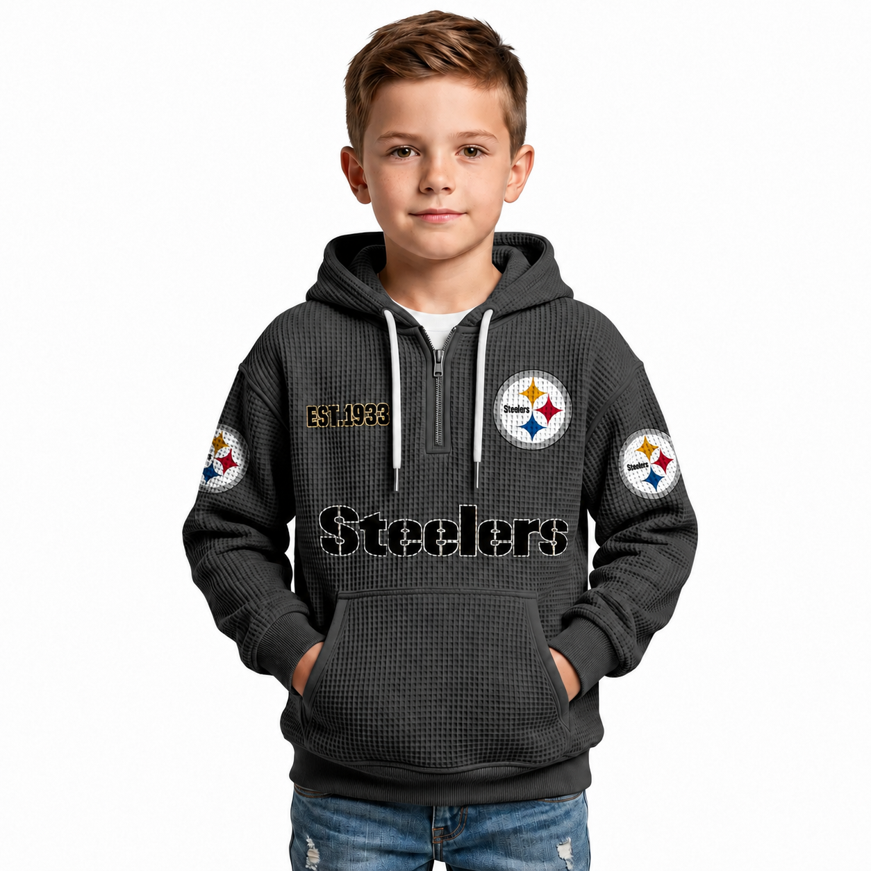 Classic Pittsburgh Steelers Football Inspired Quarter Zip Kids Hoodie