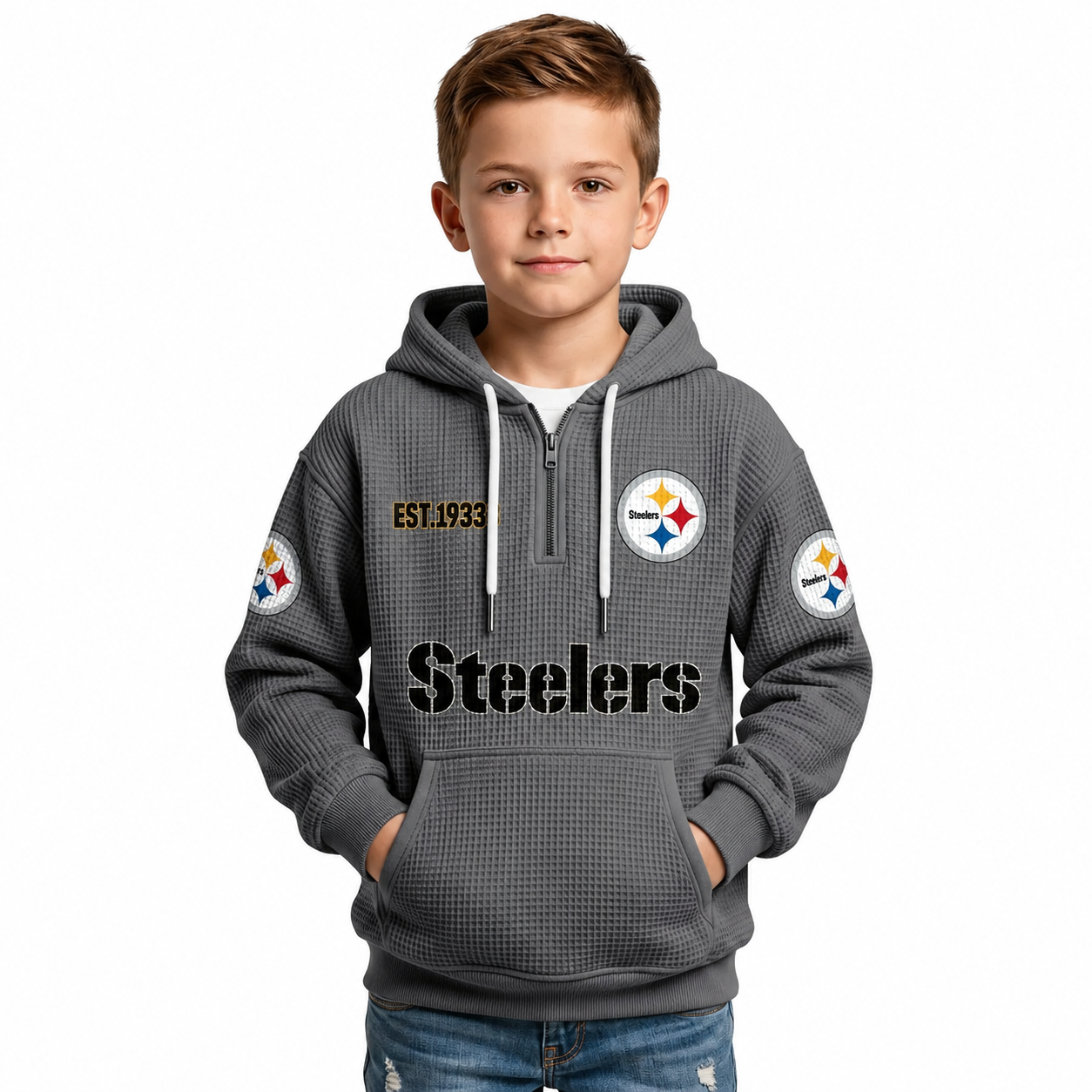 Classic Pittsburgh Steelers Football Inspired Quarter Zip Kids Hoodie