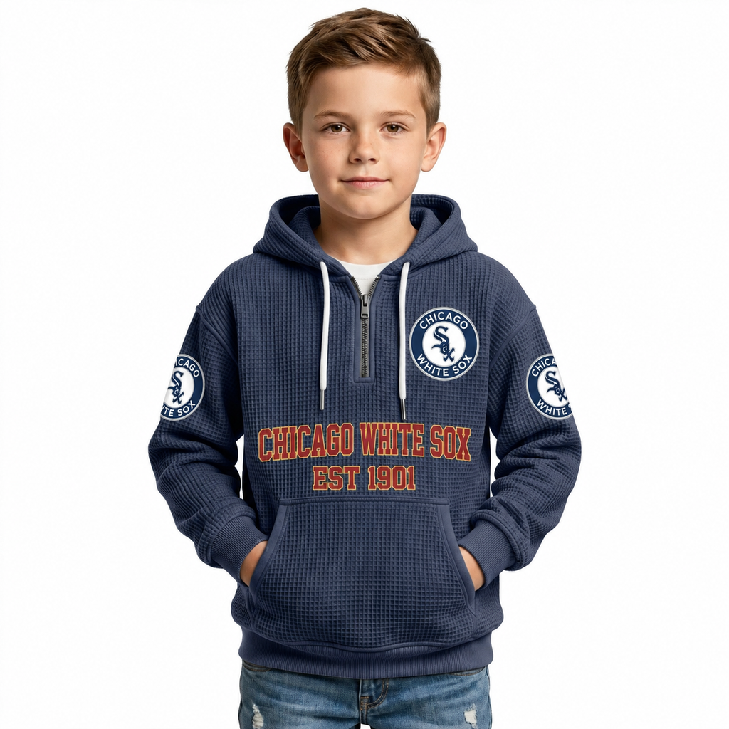 Chicago White Sox EST 1901 Kids Baseball Fan Printed Waffle Quarter Zip Hoodie