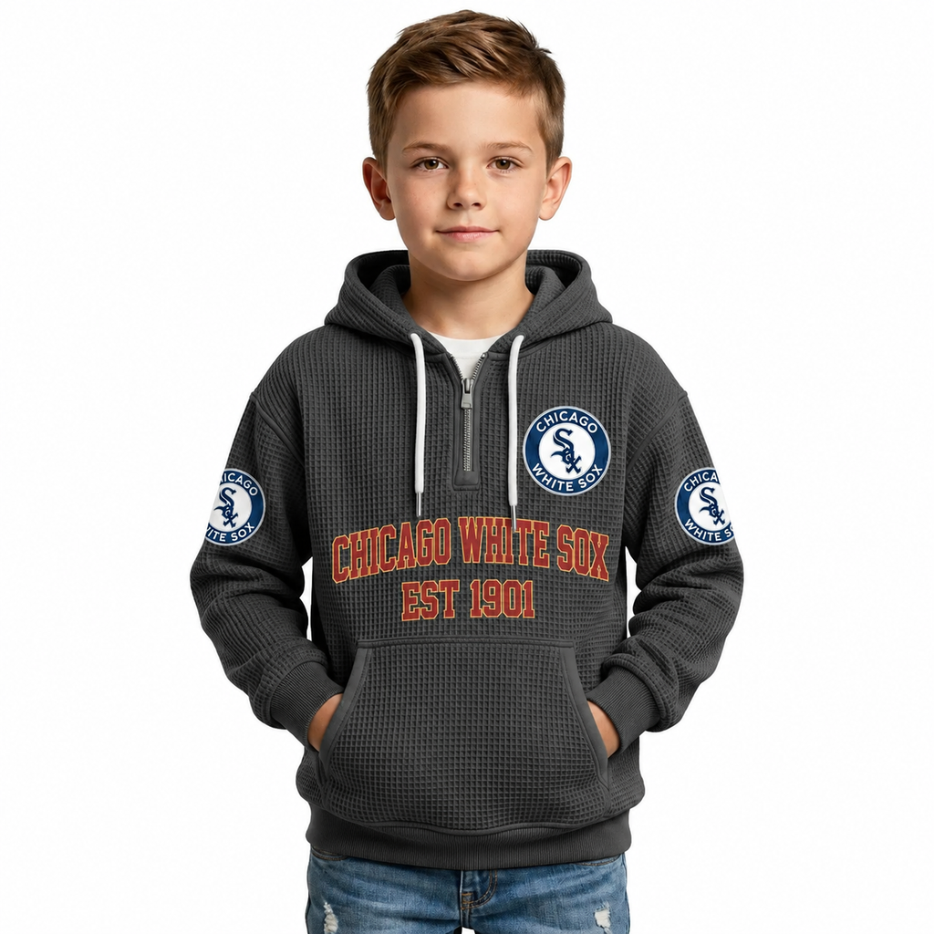 Chicago White Sox EST 1901 Kids Baseball Fan Printed Waffle Quarter Zip Hoodie
