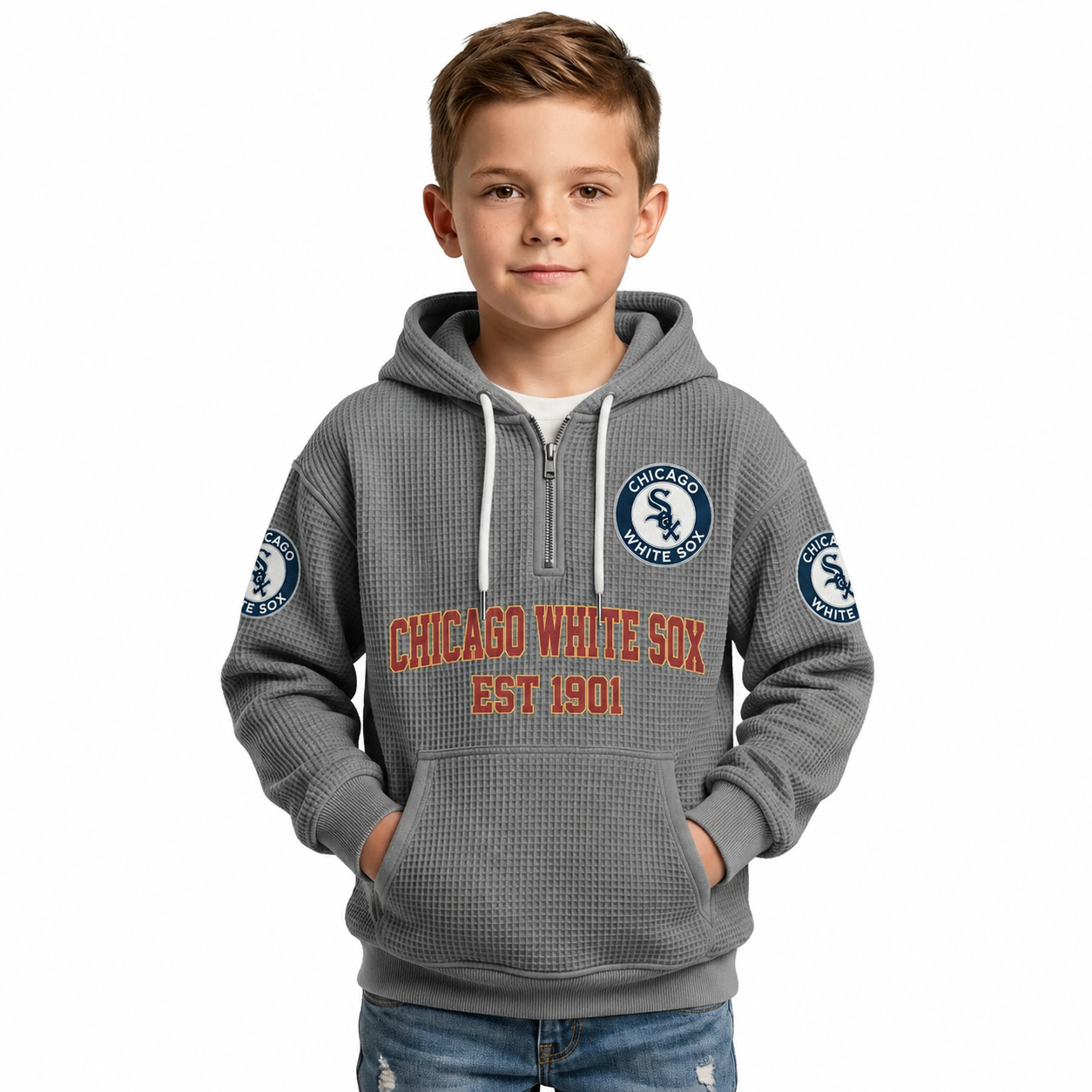 Chicago White Sox EST 1901 Kids Baseball Fan Printed Waffle Quarter Zip Hoodie