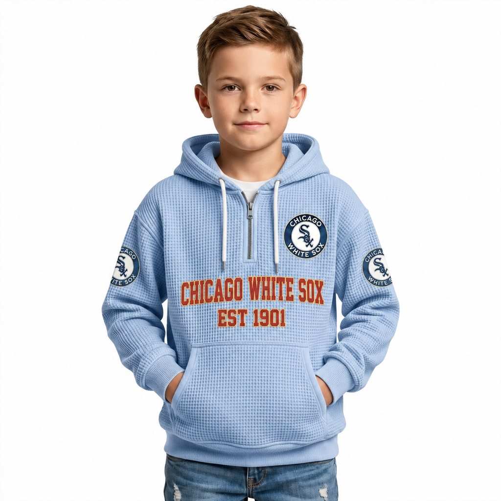Chicago White Sox EST 1901 Kids Baseball Fan Printed Waffle Quarter Zip Hoodie
