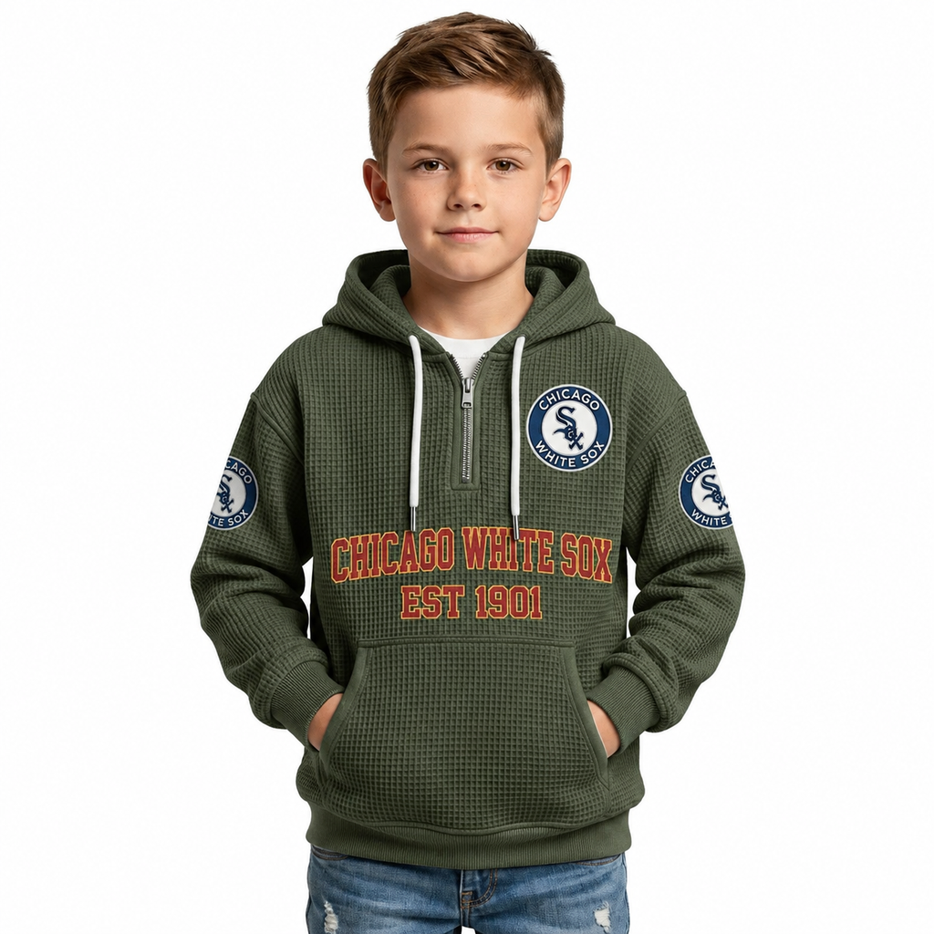 Chicago White Sox EST 1901 Kids Baseball Fan Printed Waffle Quarter Zip Hoodie