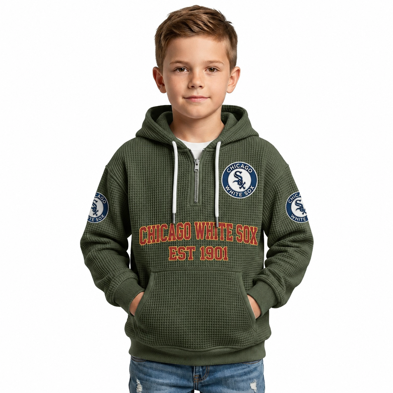 Chicago White Sox EST 1901 Kids Baseball Fan Printed Waffle Quarter Zip Hoodie