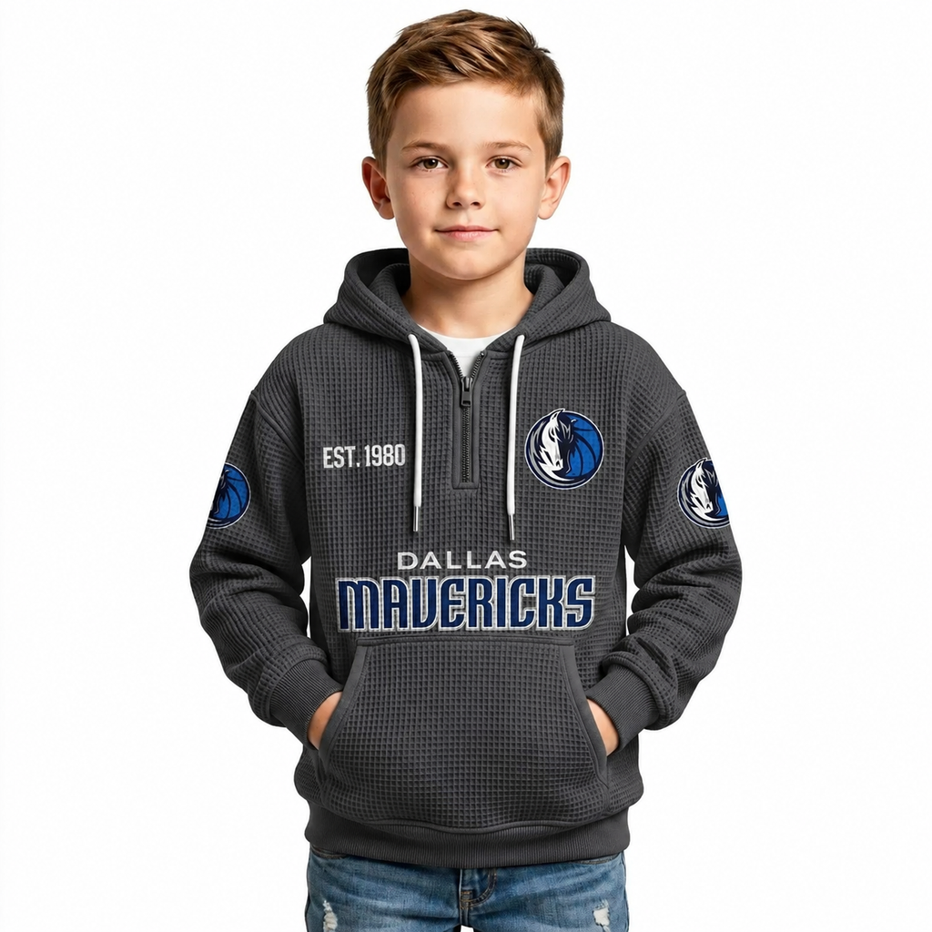 Dallas Mavericks EST 1980 Kids Baseball Fan Printed Waffle Quarter Zip Hoodie