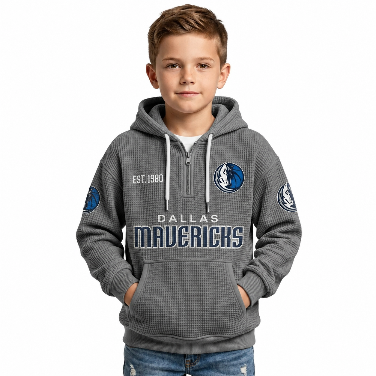Dallas Mavericks EST 1980 Kids Baseball Fan Printed Waffle Quarter Zip Hoodie