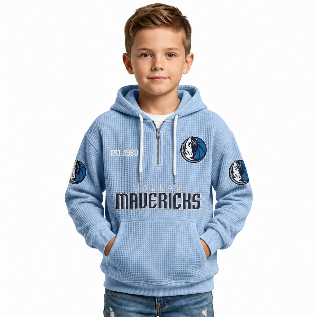 Dallas Mavericks EST 1980 Kids Baseball Fan Printed Waffle Quarter Zip Hoodie