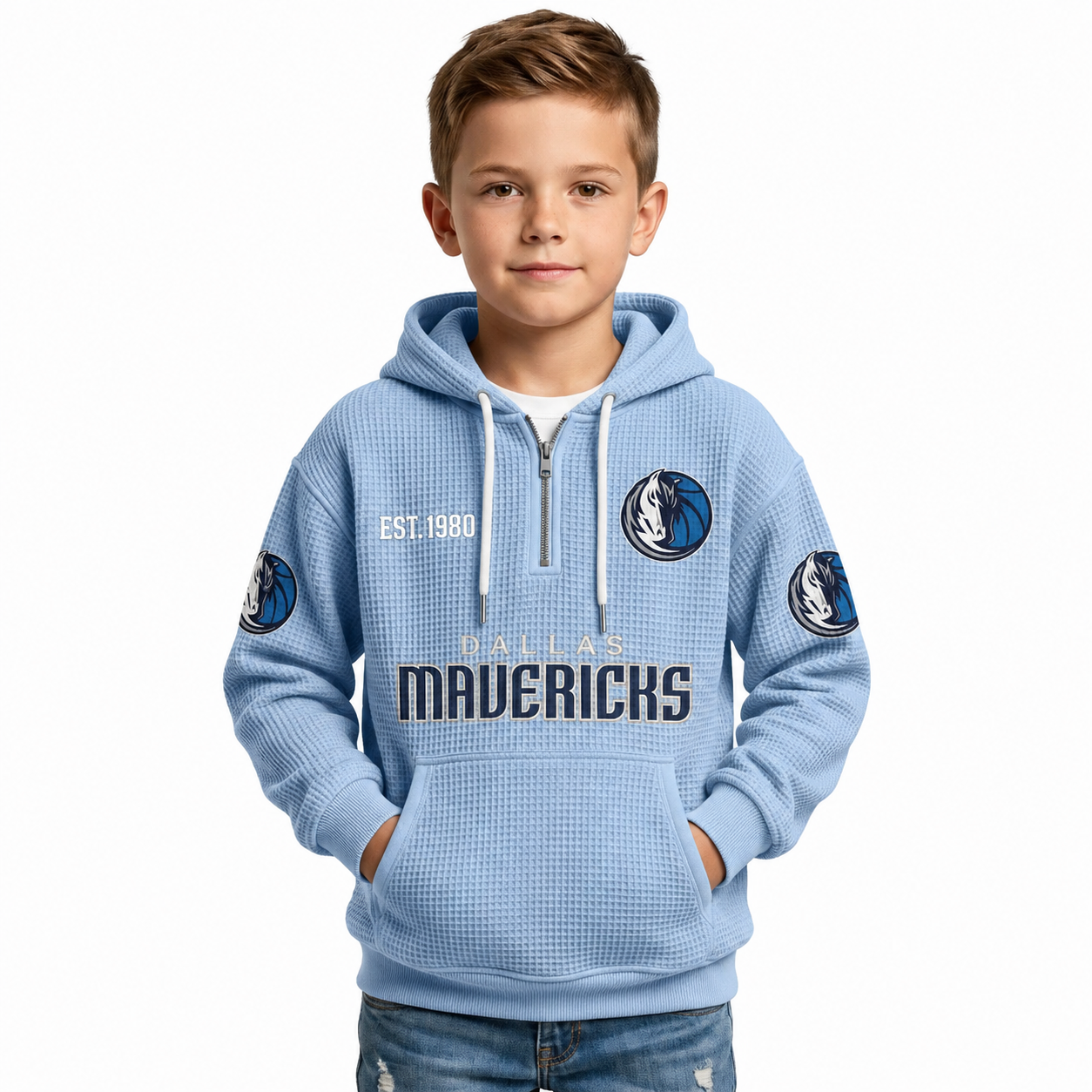 Dallas Mavericks EST 1980 Kids Baseball Fan Printed Waffle Quarter Zip Hoodie