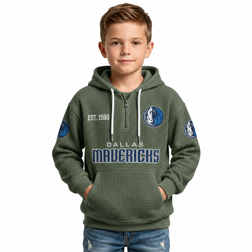 Dallas Mavericks EST 1980 Kids Baseball Fan Printed Waffle Quarter Zip Hoodie