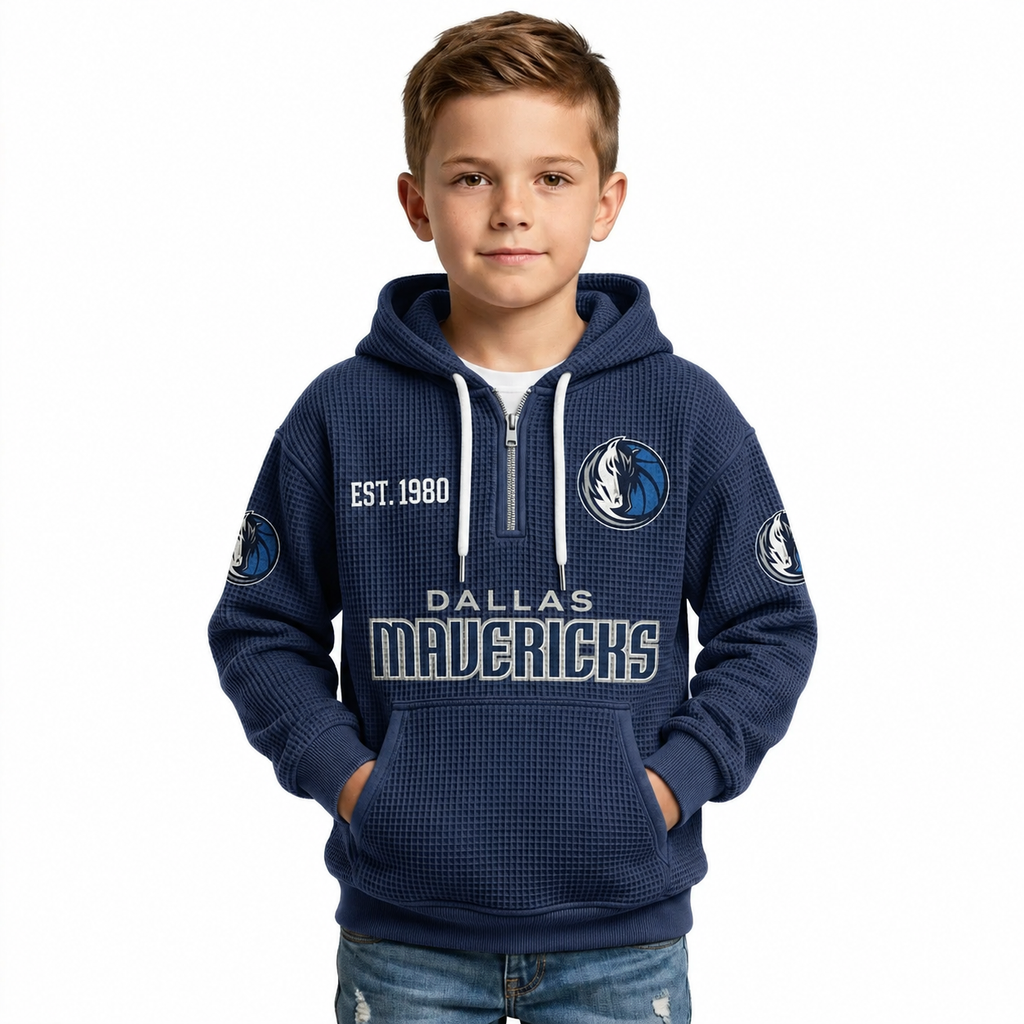 Dallas Mavericks EST 1980 Kids Baseball Fan Printed Waffle Quarter Zip Hoodie