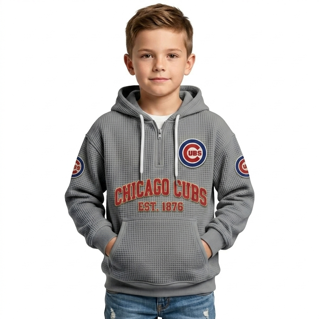 Chicago Cubs EST 1876 Kids Baseball Fan Printed Waffle Quarter Zip Hoodie