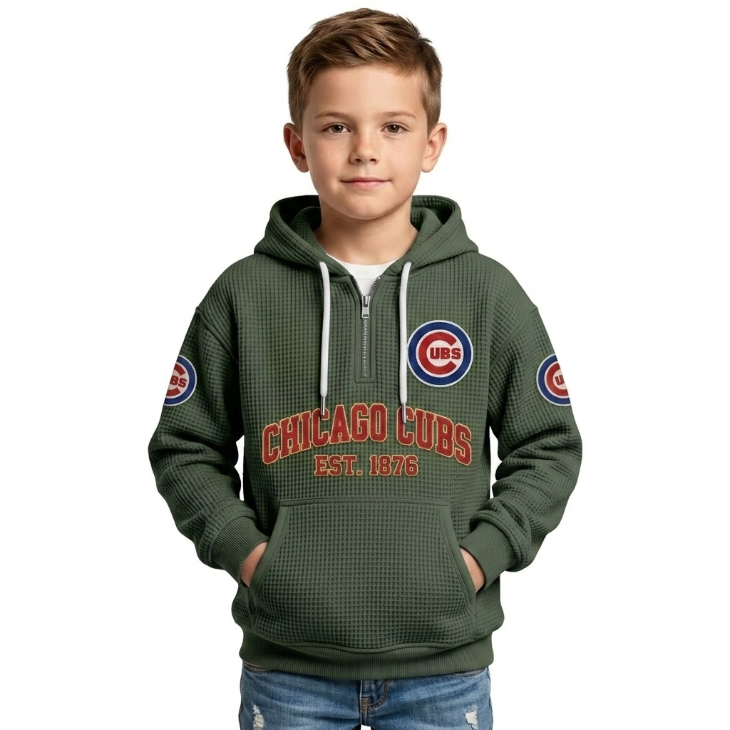 Chicago Cubs EST 1876 Kids Baseball Fan Printed Waffle Quarter Zip Hoodie