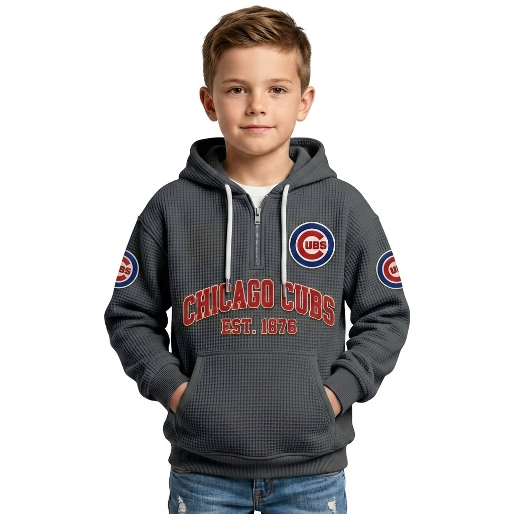 Chicago Cubs EST 1876 Kids Baseball Fan Printed Waffle Quarter Zip Hoodie