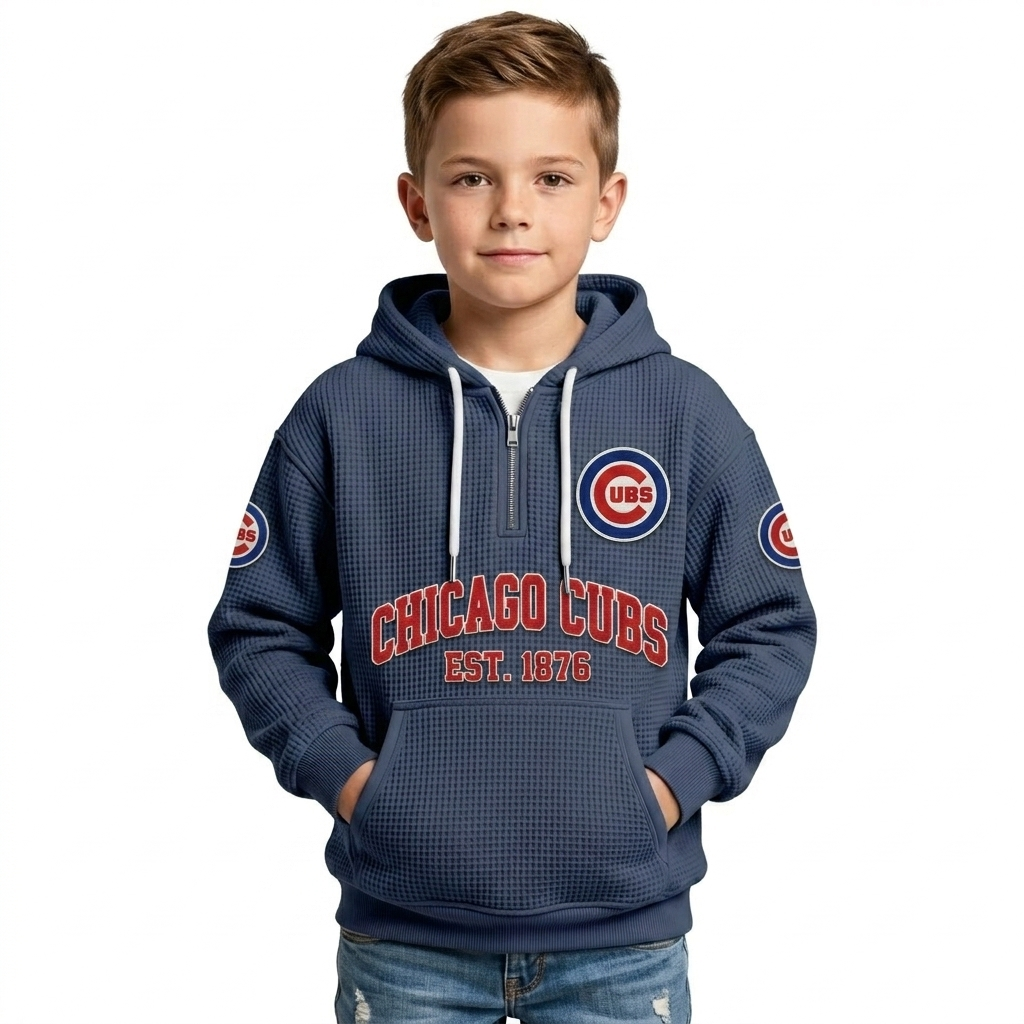 Chicago Cubs EST 1876 Kids Baseball Fan Printed Waffle Quarter Zip Hoodie