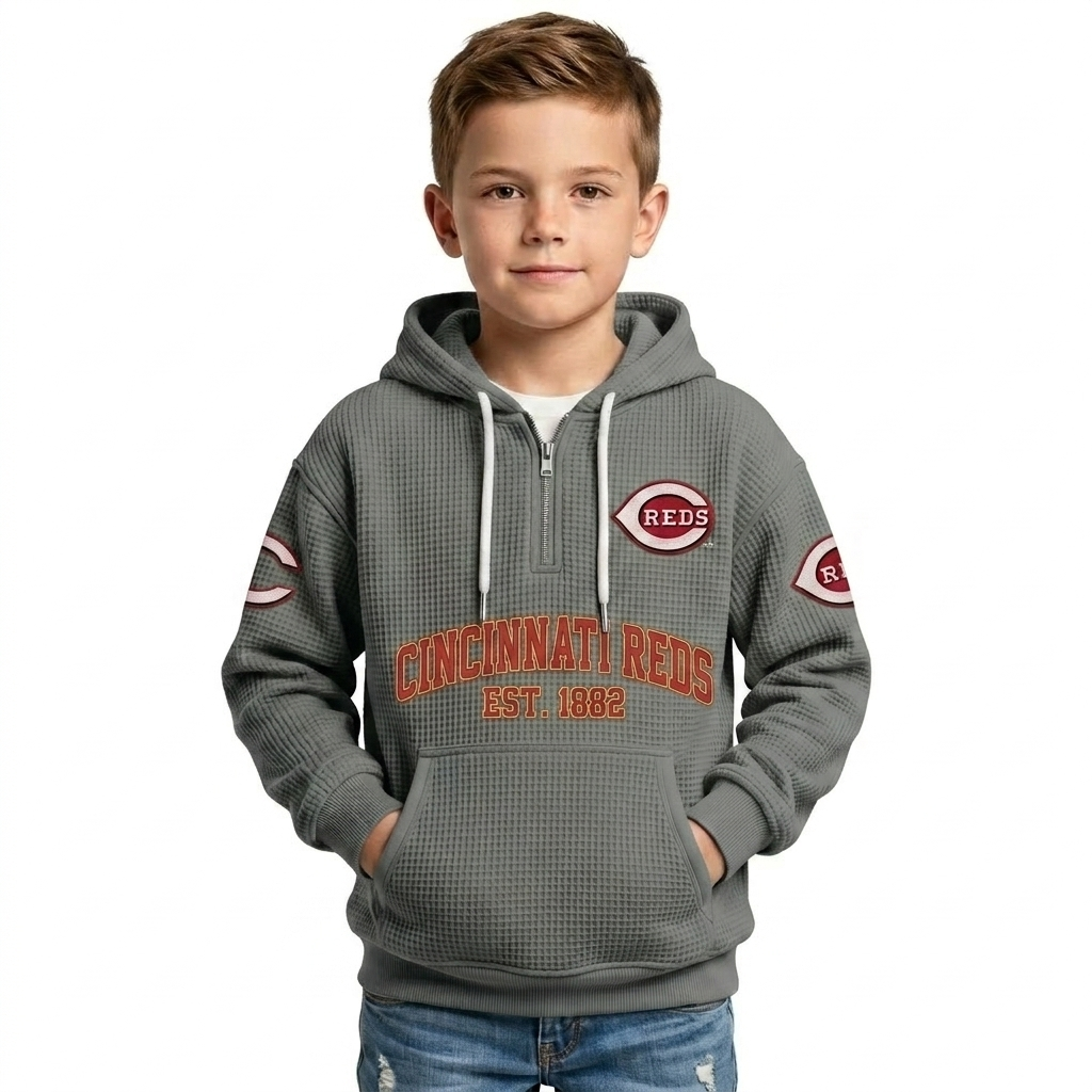 Cincinnati Reds EST 1882 Kids Baseball Fan Printed Waffle Quarter Zip Hoodie
