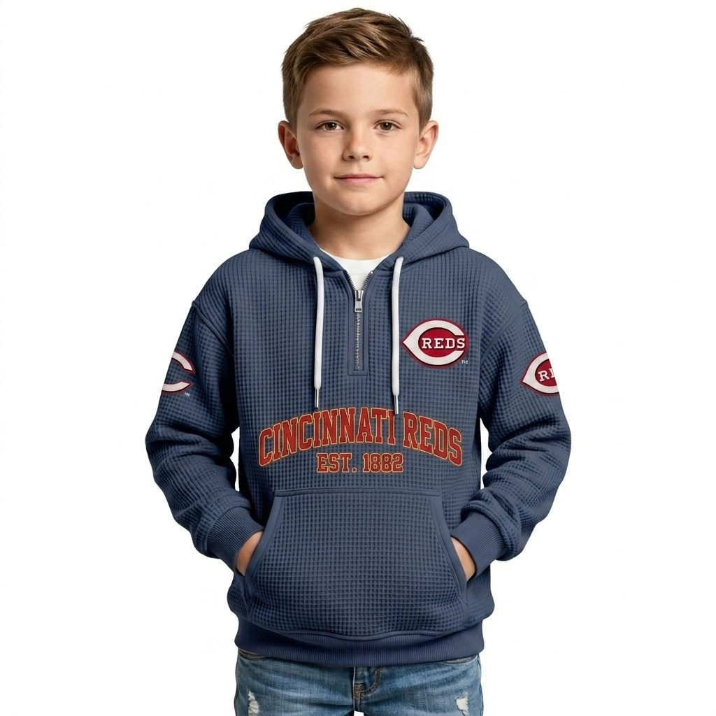 Cincinnati Reds EST 1882 Kids Baseball Fan Printed Waffle Quarter Zip Hoodie