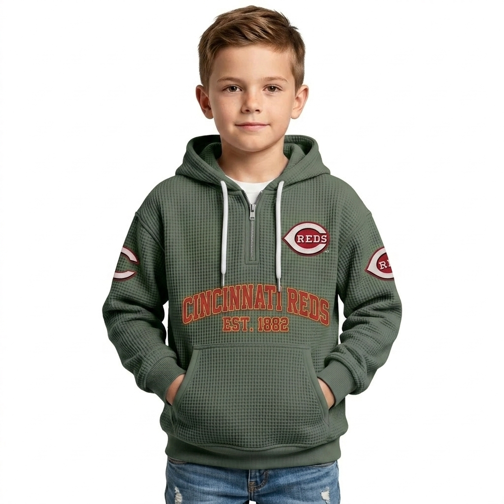 Cincinnati Reds EST 1882 Kids Baseball Fan Printed Waffle Quarter Zip Hoodie