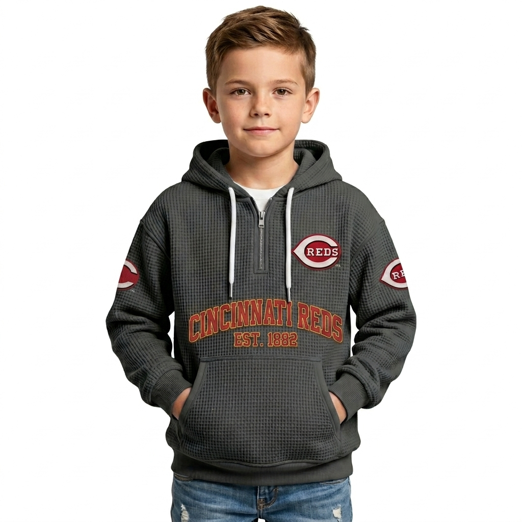 Cincinnati Reds EST 1882 Kids Baseball Fan Printed Waffle Quarter Zip Hoodie