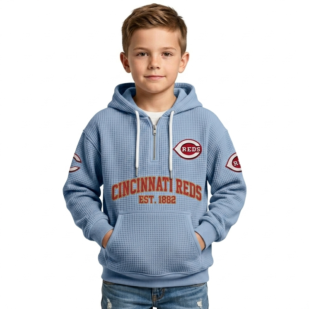 Cincinnati Reds EST 1882 Kids Baseball Fan Printed Waffle Quarter Zip Hoodie