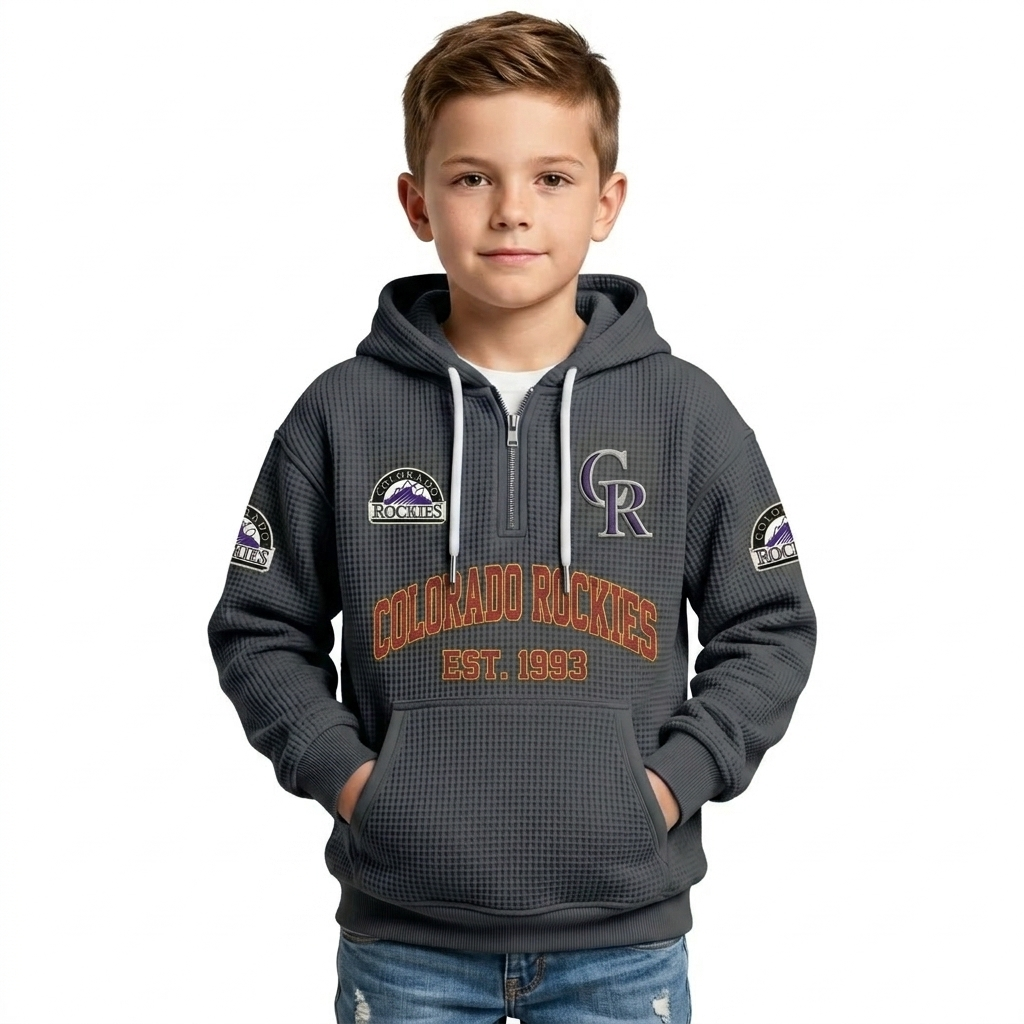 Colorado Rockies EST 1993 Kids Baseball Fan Printed Waffle Quarter Zip Hoodie
