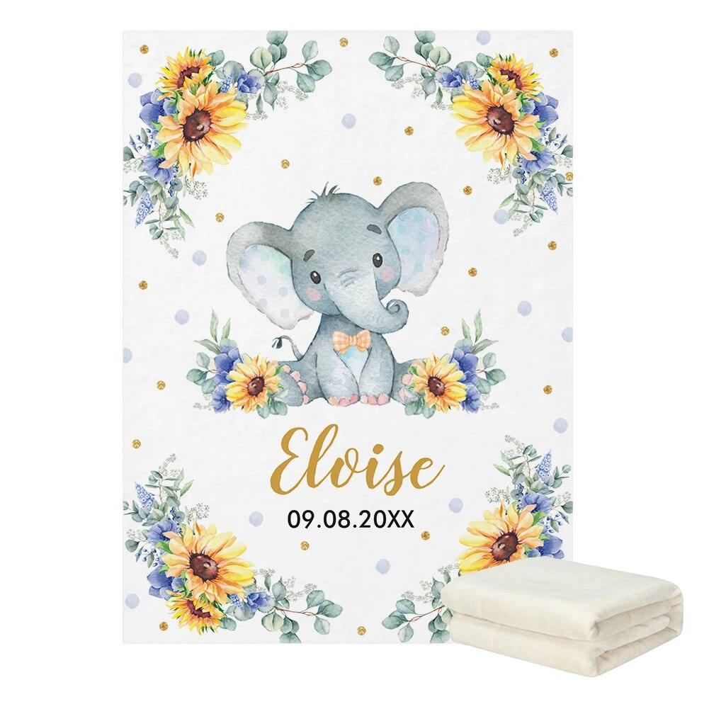 Sunflower Elephant Baby Blanket with Name and Date Print