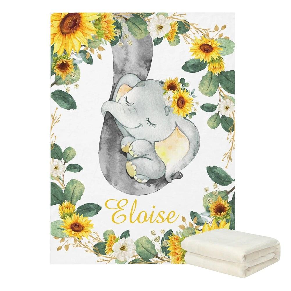 Sunflower Elephant Baby Blanket with Name and Date Print