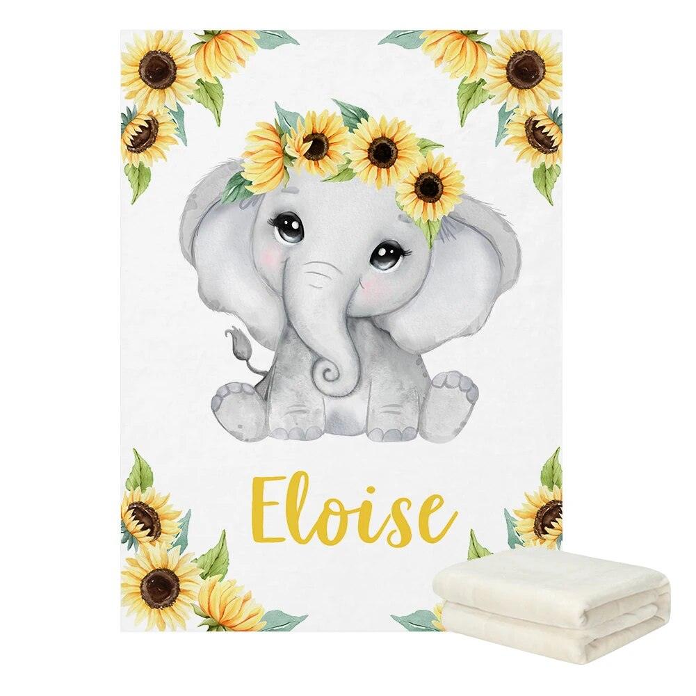 Sunflower Elephant Baby Blanket with Name and Date Print
