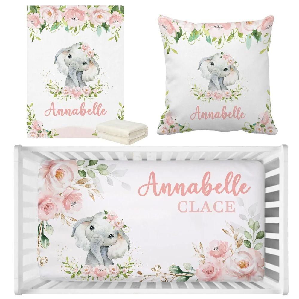 Custom Floral Elephant Crib Set