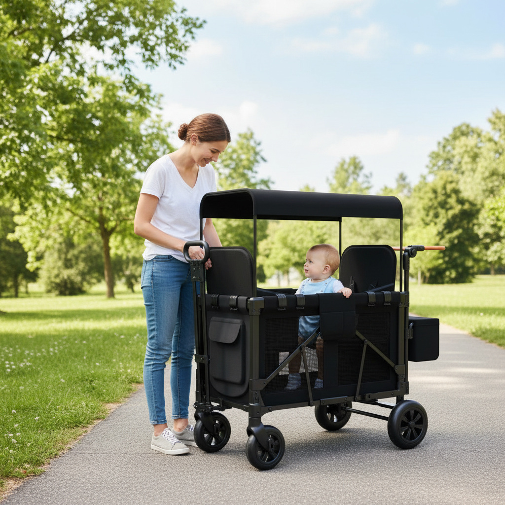 Dual Carriage Folding Wagon Stroller With Adjustable Handle