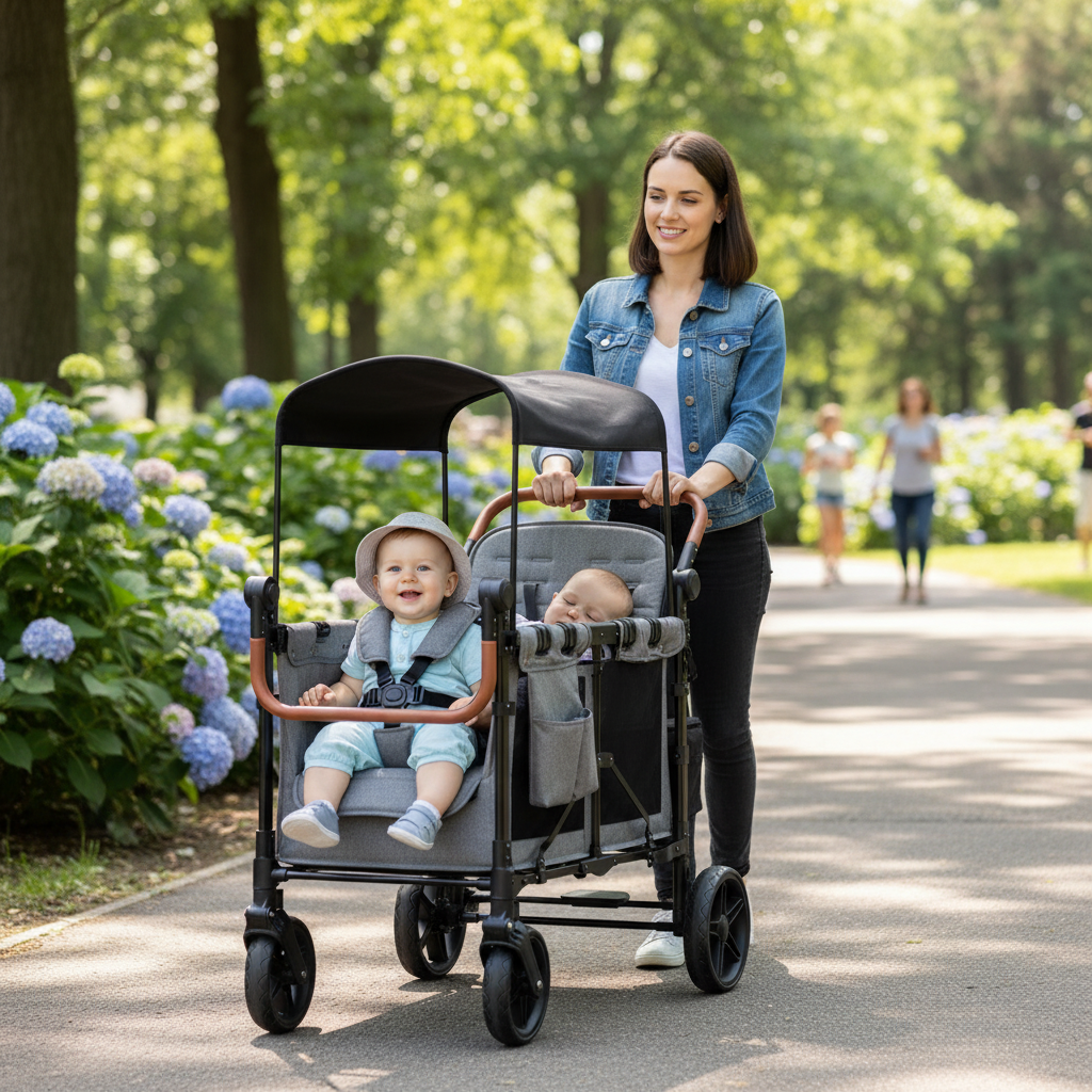 Dual Carriage Folding Wagon Stroller With Adjustable Handle