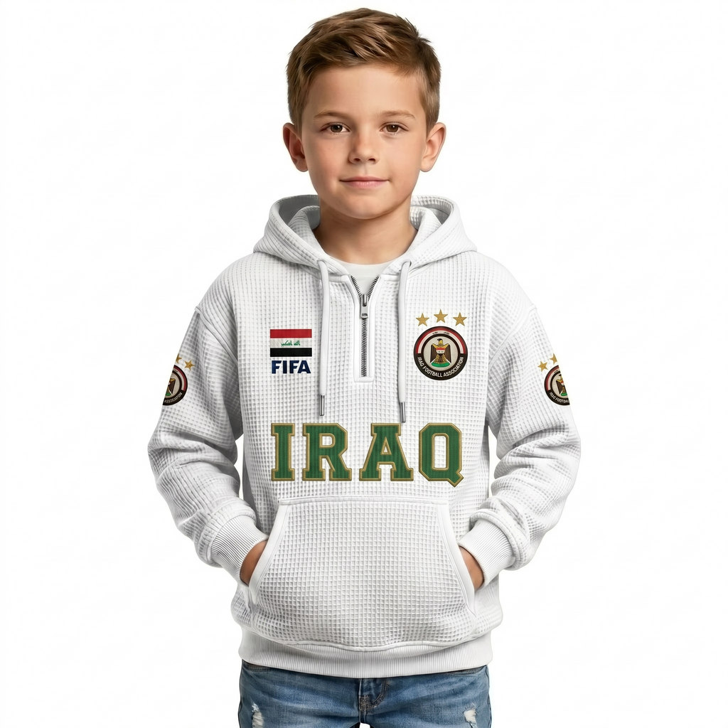 FIFA 2026 Iraq Printed Waffle Quarter Zip Kids Football Fan Hoodie