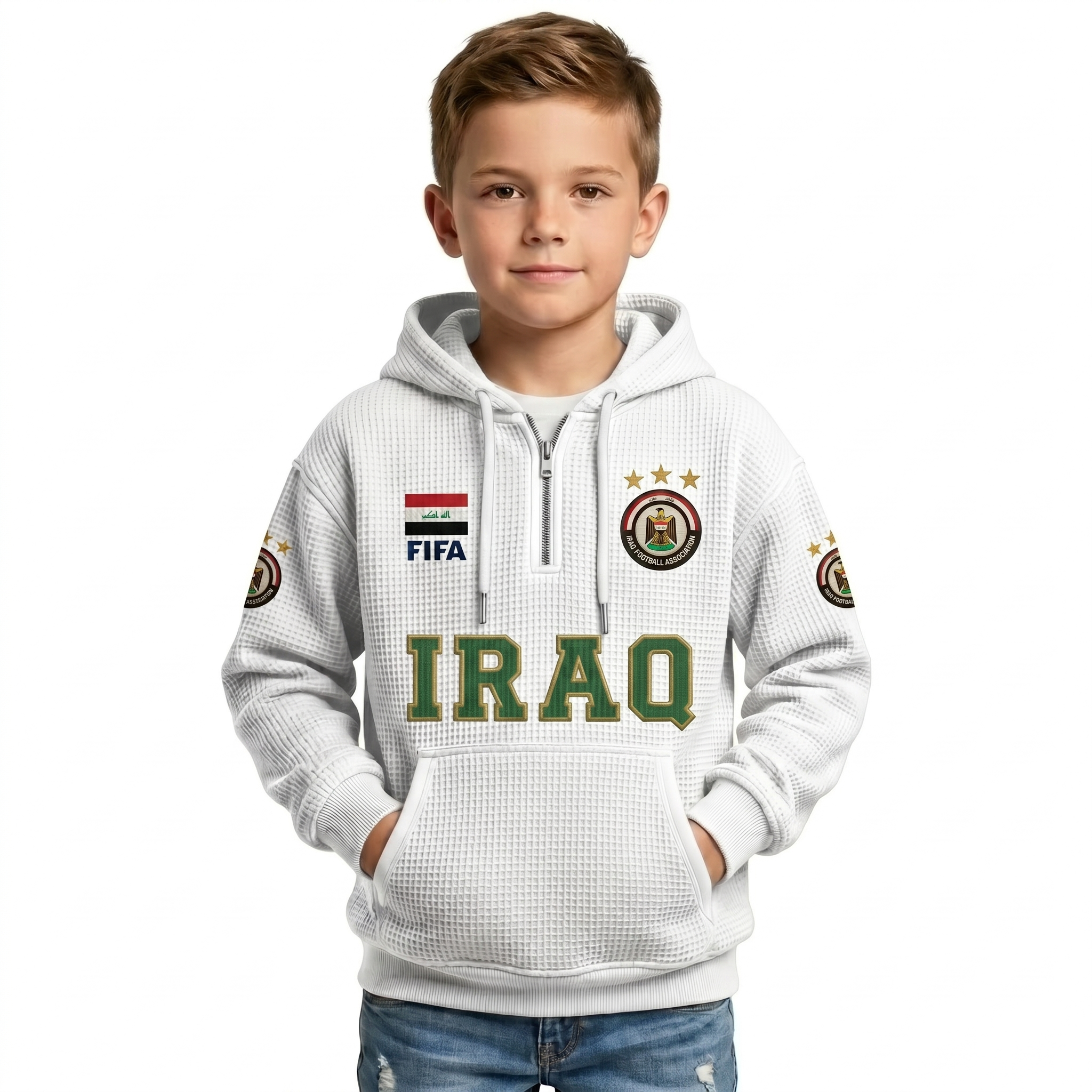 FIFA 2026 Iraq Printed Waffle Quarter Zip Kids Football Fan Hoodie