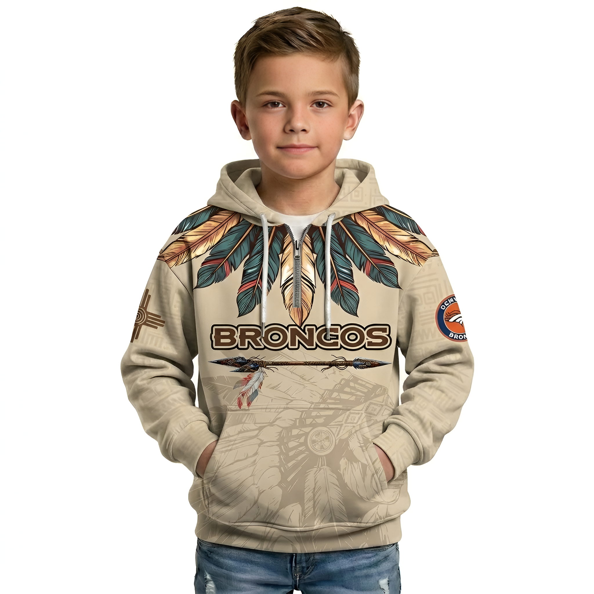 Denver Broncos Printed With Heritage Feather Design Kids Hoodie