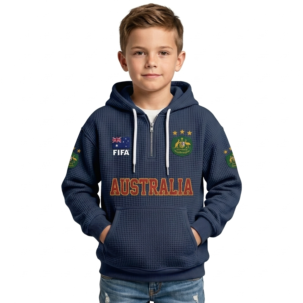 FIFA 2026 Australia Printed Waffle Quarter Zip Kids Football Fan Hoodie