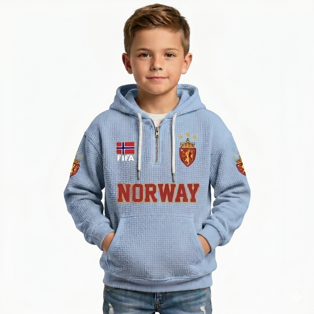 FIFA 2026 Norway Printed Waffle Quarter Zip Kids Football Fan Hoodie