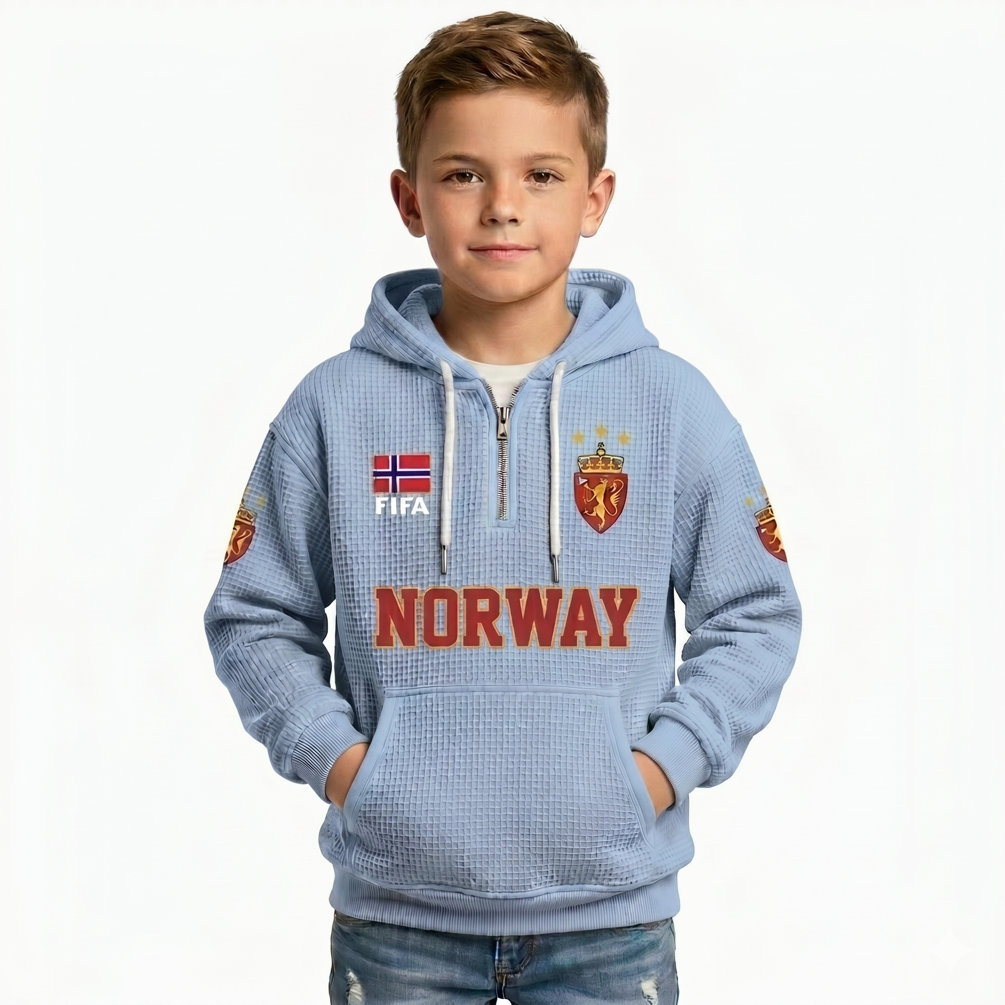 FIFA 2026 Norway Printed Waffle Quarter Zip Kids Football Fan Hoodie