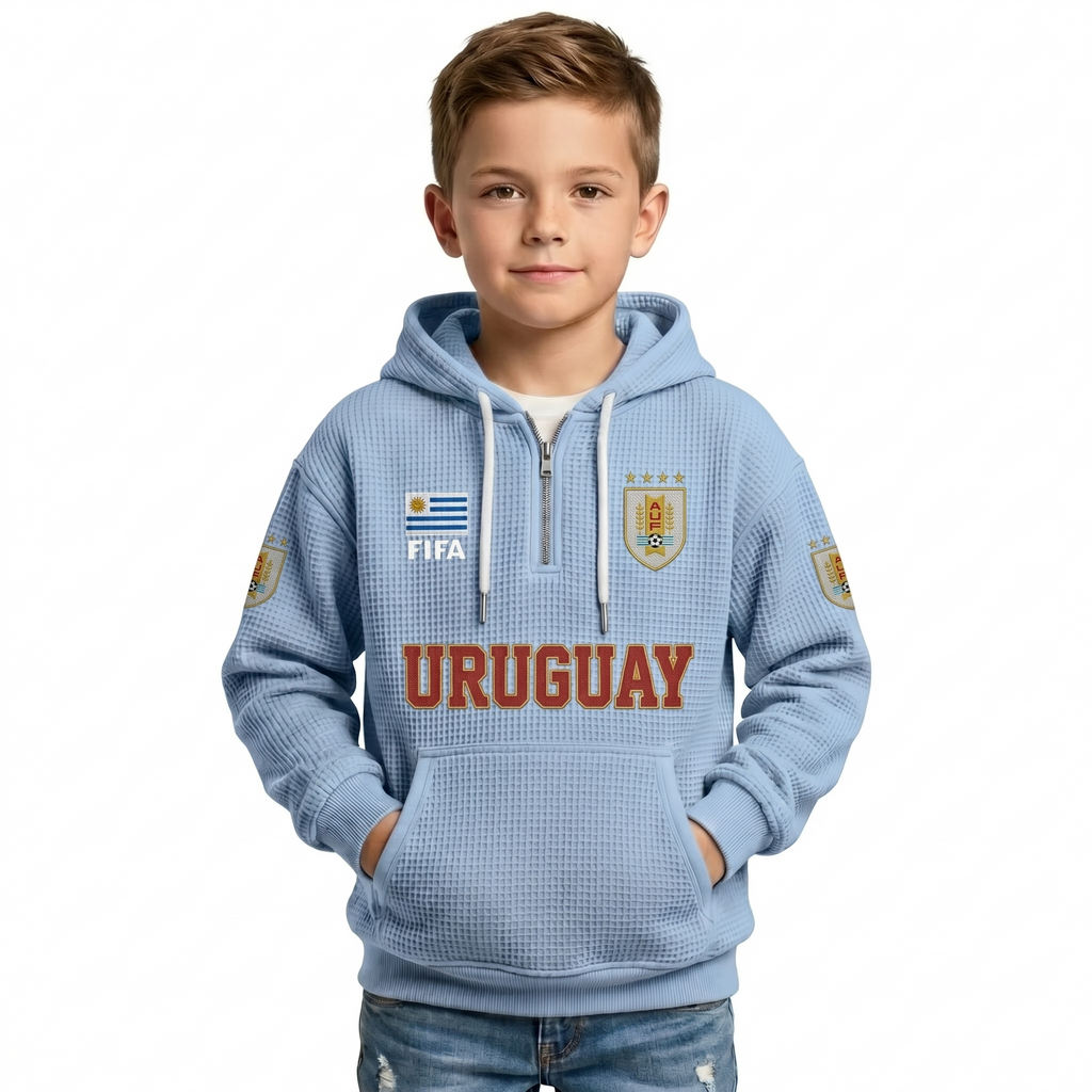 FIFA 2026 Uruguay Printed Waffle Quarter Zip Kids Football Fan Hoodie