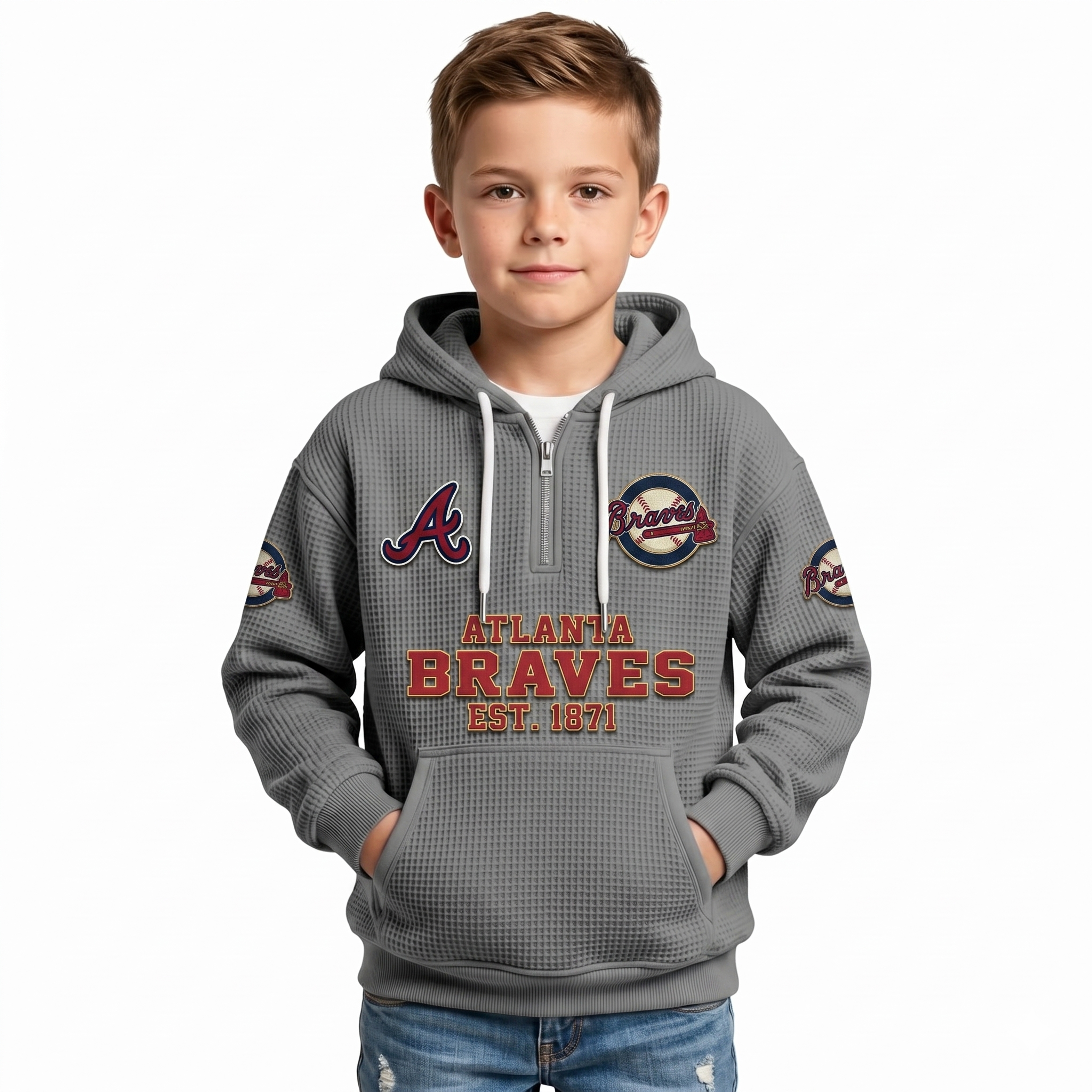 Atlanta Braves EST 1871 Kids Baseball Fan Printed Waffle Quarter Zip Hoodie