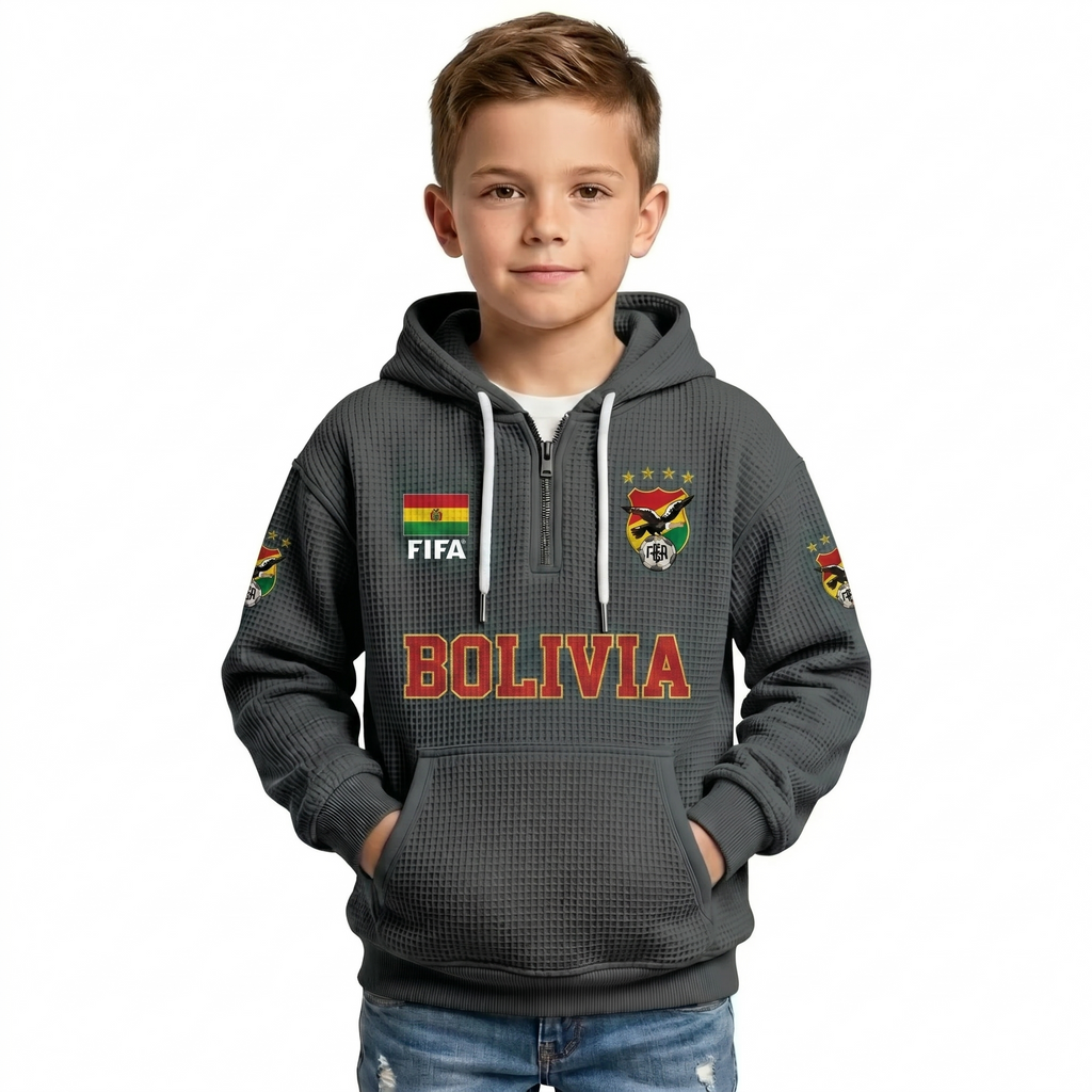 FIFA 2026 Bolivia Printed Waffle Quarter Zip Kids Football Fan Hoodie