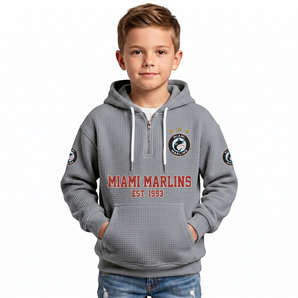Miami Marlins EST 1993 Kids Baseball Fan Printed Waffle Quarter Zip Hoodie