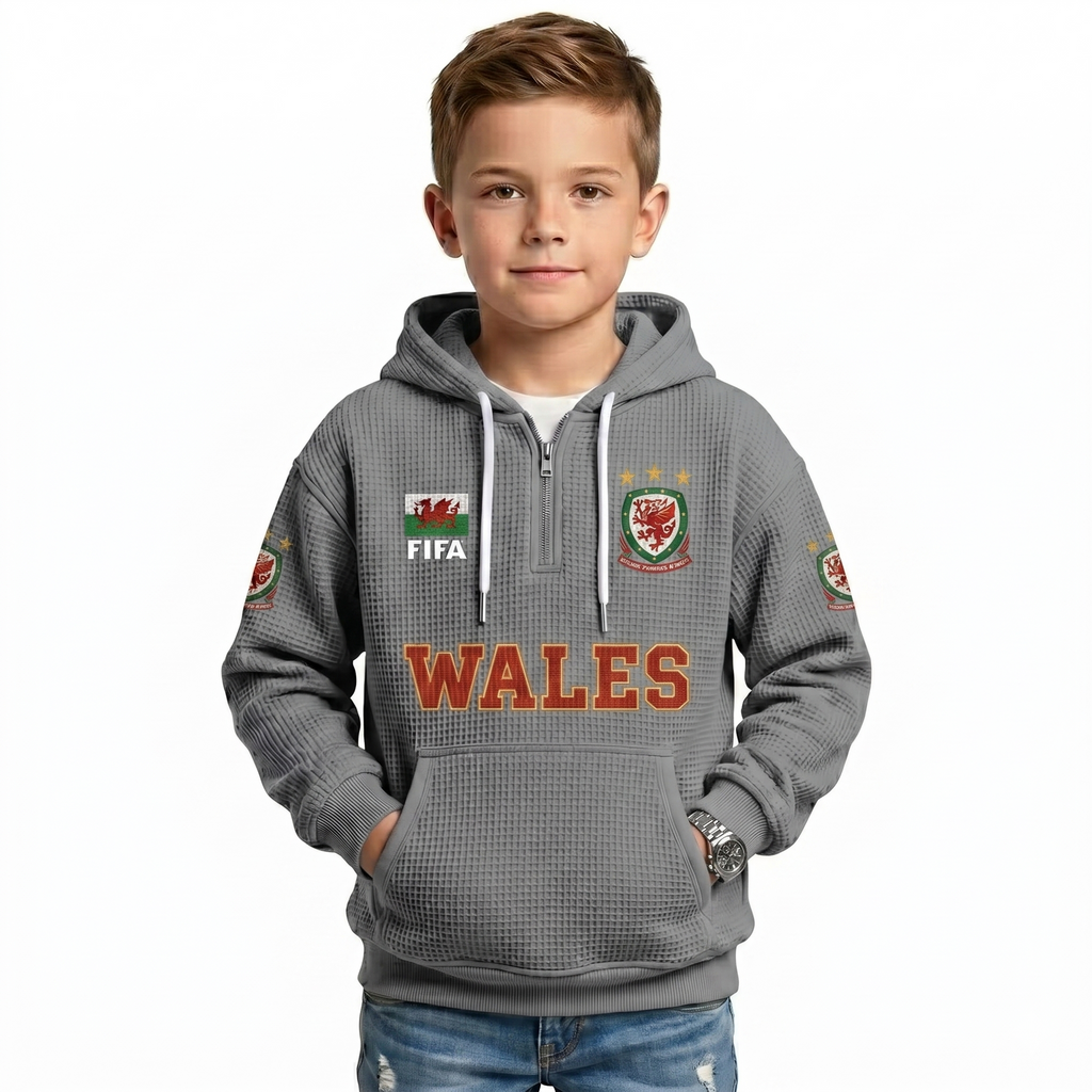 FIFA 2026 Wales Printed Waffle Quarter Zip Kids Football Fan Hoodie