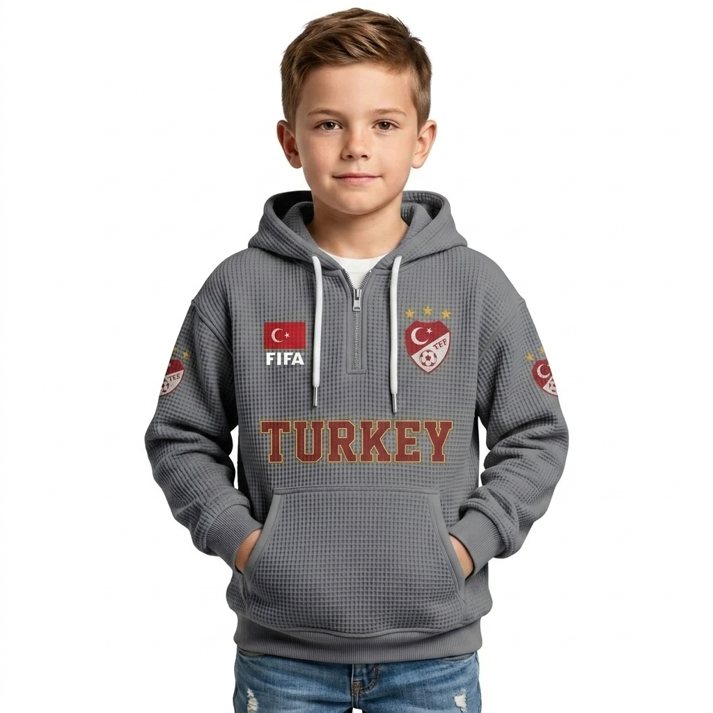 FIFA 2026 Turkey Printed Waffle Quarter Zip Kids Football Fan Hoodie