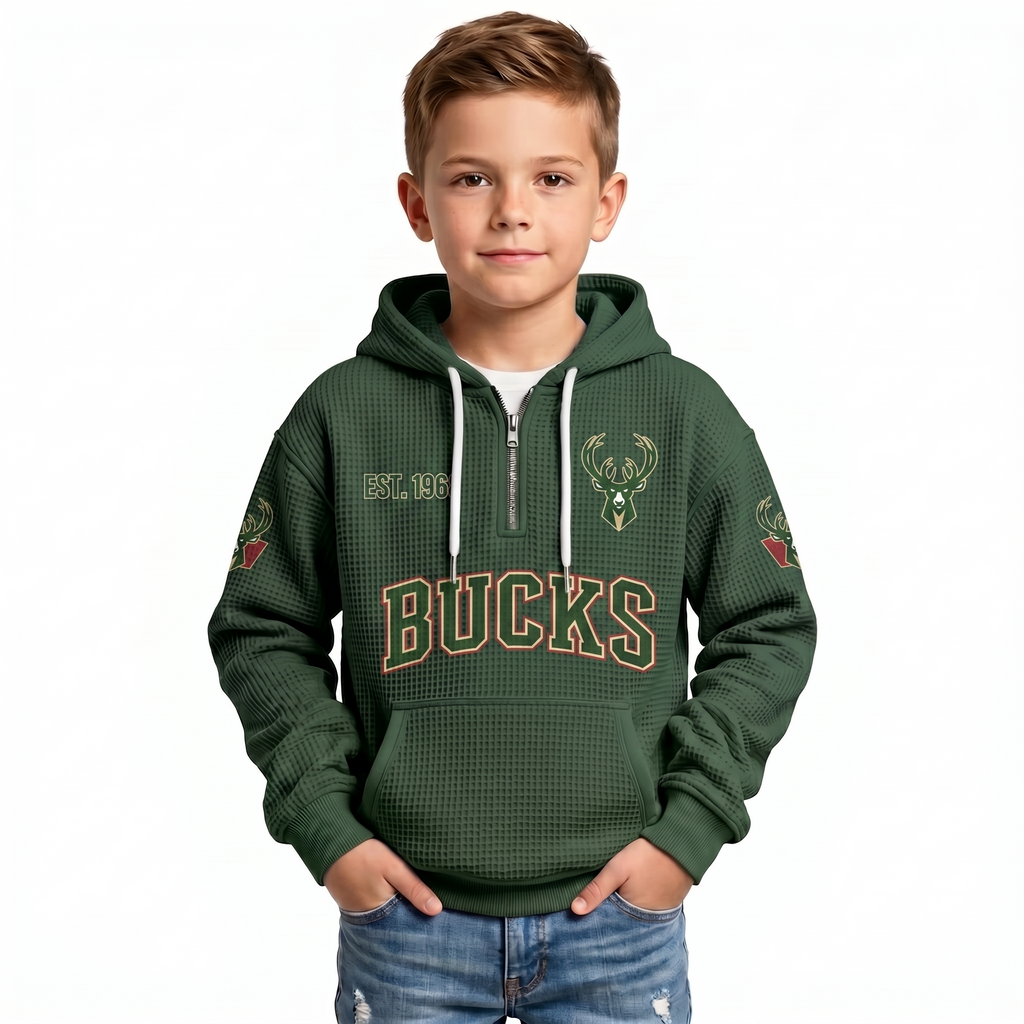 Milwaukee Bucks EST 1968 Kids Baseball Fan Printed Waffle Quarter Zip Hoodie