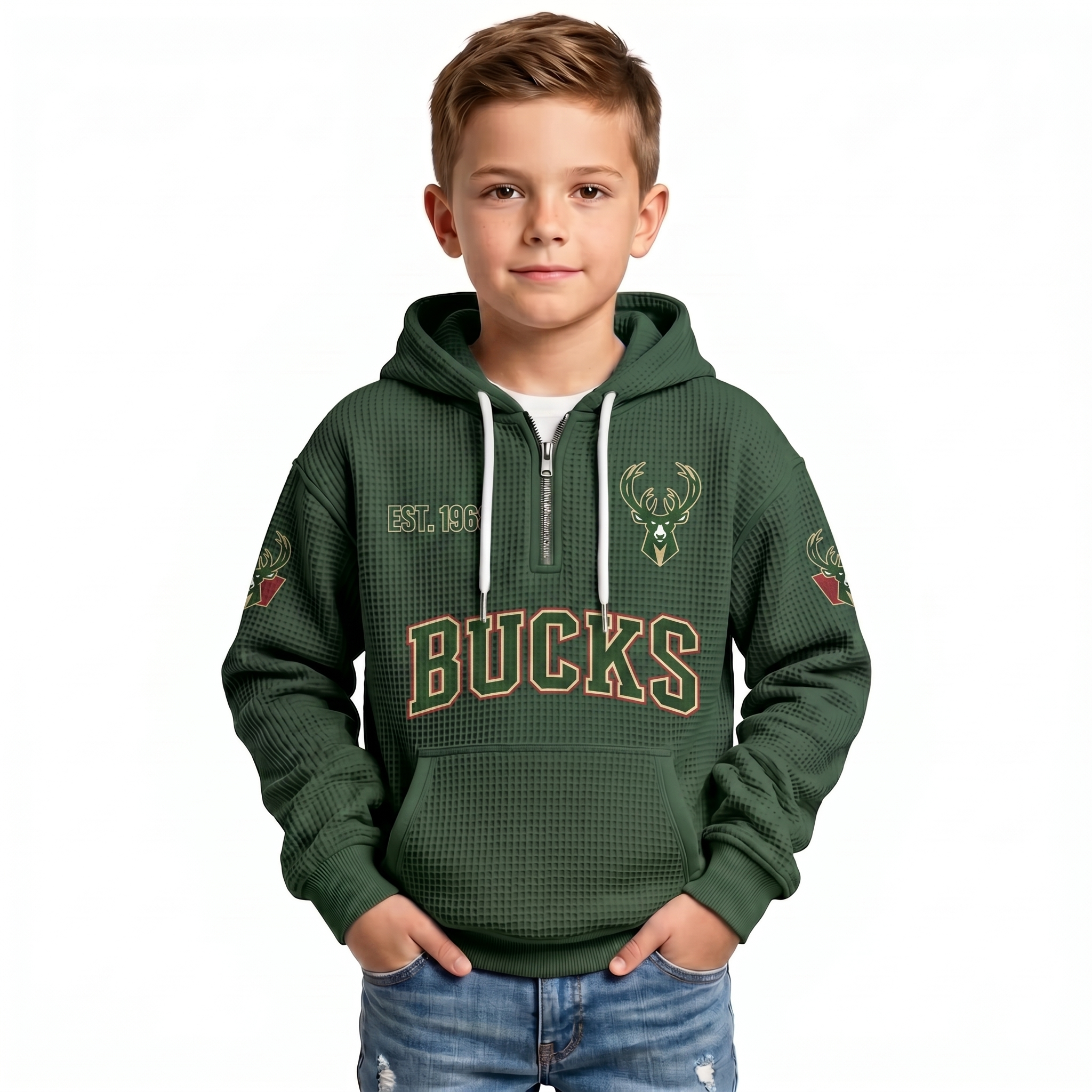 Milwaukee Bucks EST 1968 Kids Baseball Fan Printed Waffle Quarter Zip Hoodie