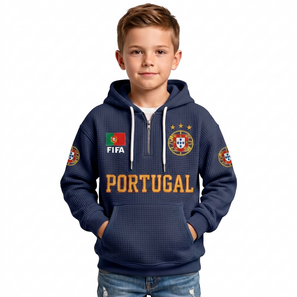 FIFA 2026 Portugal Printed Waffle Quarter Zip Kids Football Fan Hoodie