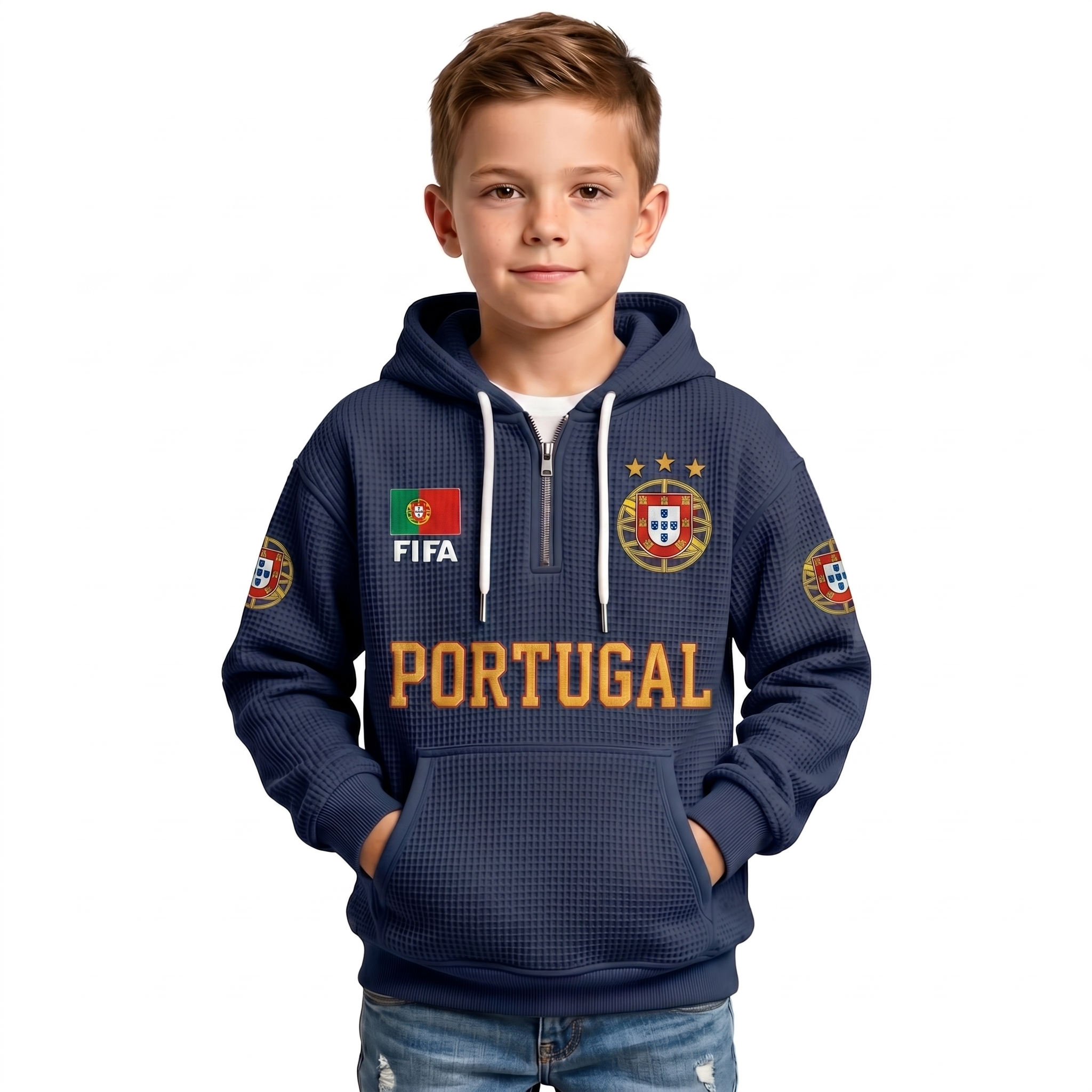 FIFA 2026 Portugal Printed Waffle Quarter Zip Kids Football Fan Hoodie